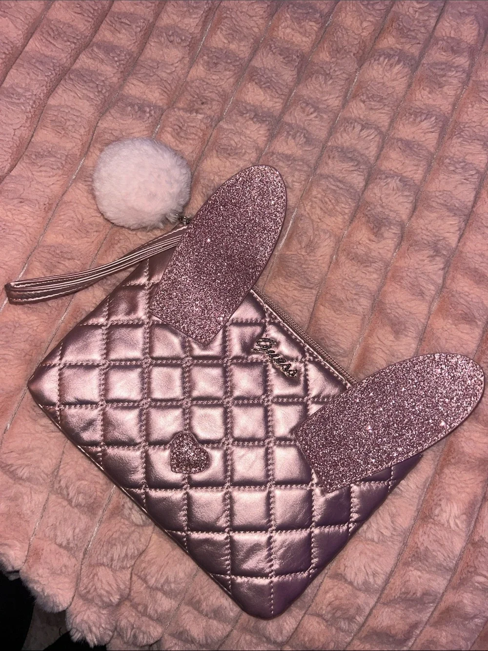 GUESS Quilted Metallic Bunny Ear Wristlet - Pink